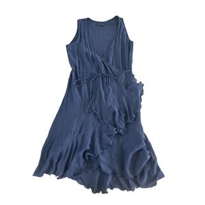 Gaya Wrap Midi Dress XS Ruffle Sleeveless Blue‎ Silk Cotton Casual Lagenlook